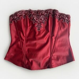Corset Red Silky Bustier VTG Y2K Burlesque Whimsigoth Grunge Pinup Goth Lace